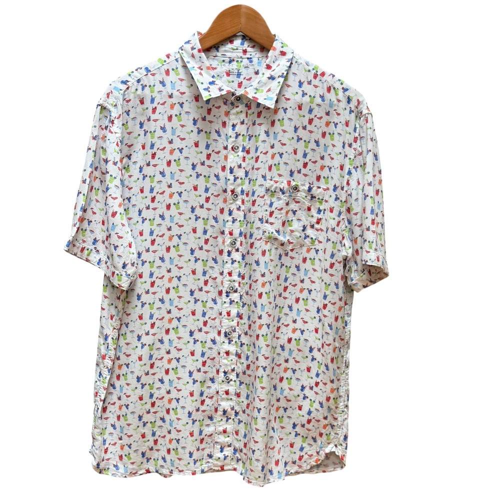 Age of Wisdom Shirt Mens XL White Cocktail AOP Short Sleeve Button Down Casual‎